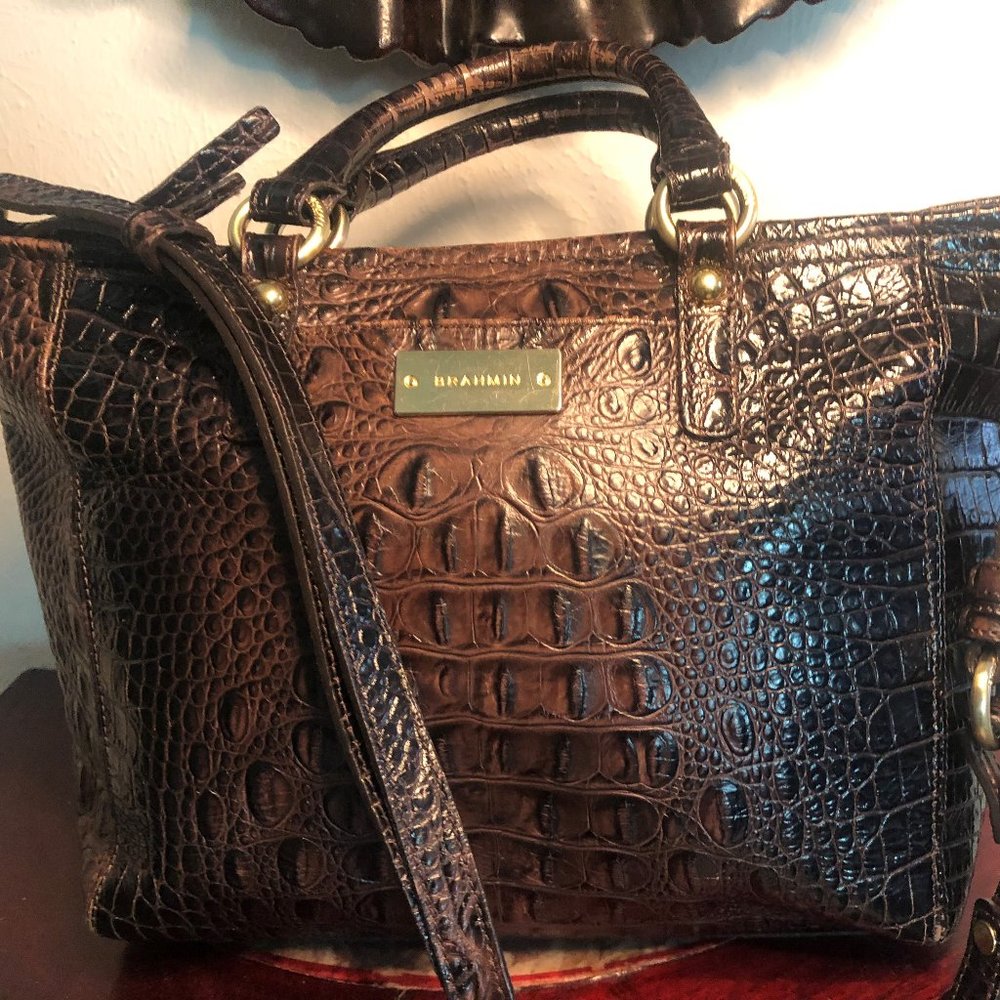 Brahmin Crocodile Embossed Brown Leather Asher